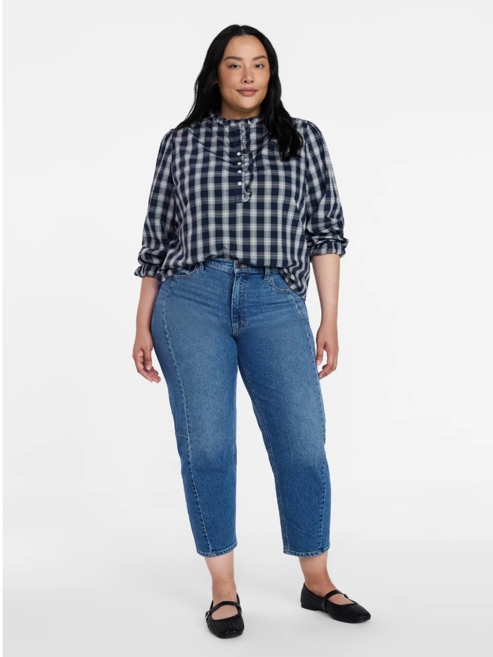 Time and Tru Women’s Ruffle Neck Button Front Cotton Shirt With Long Sleeves